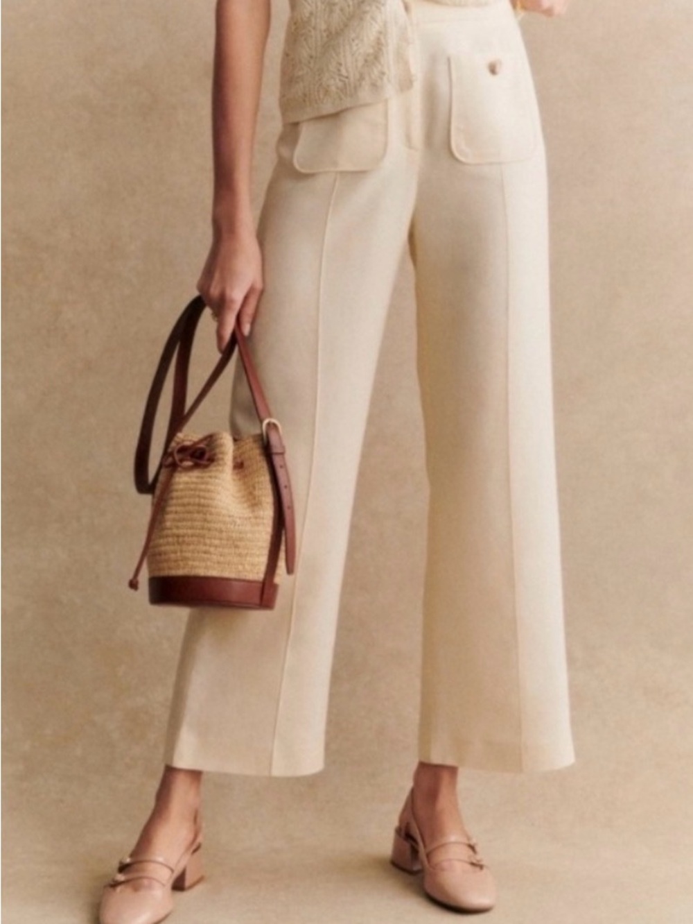 Sézane Emilio High-Rise Cropped Wide-Leg Cream Trousers
